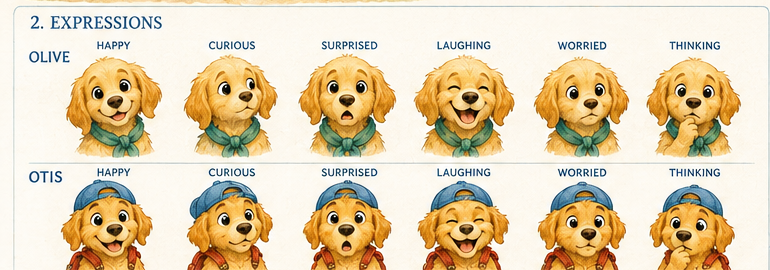 Olive and Otis making six expressions each: happy, curious, surprised, laughing, worried and thinking.