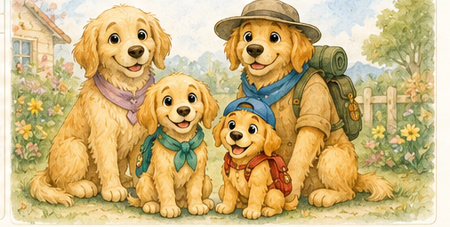 The whole family together: Mum, Dad, Olive and Otis, ready for an adventure.