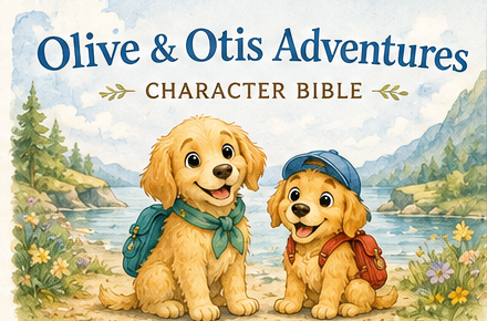 Olive and Otis walking together on a lakeside trail, wearing their backpacks and neckerchief.